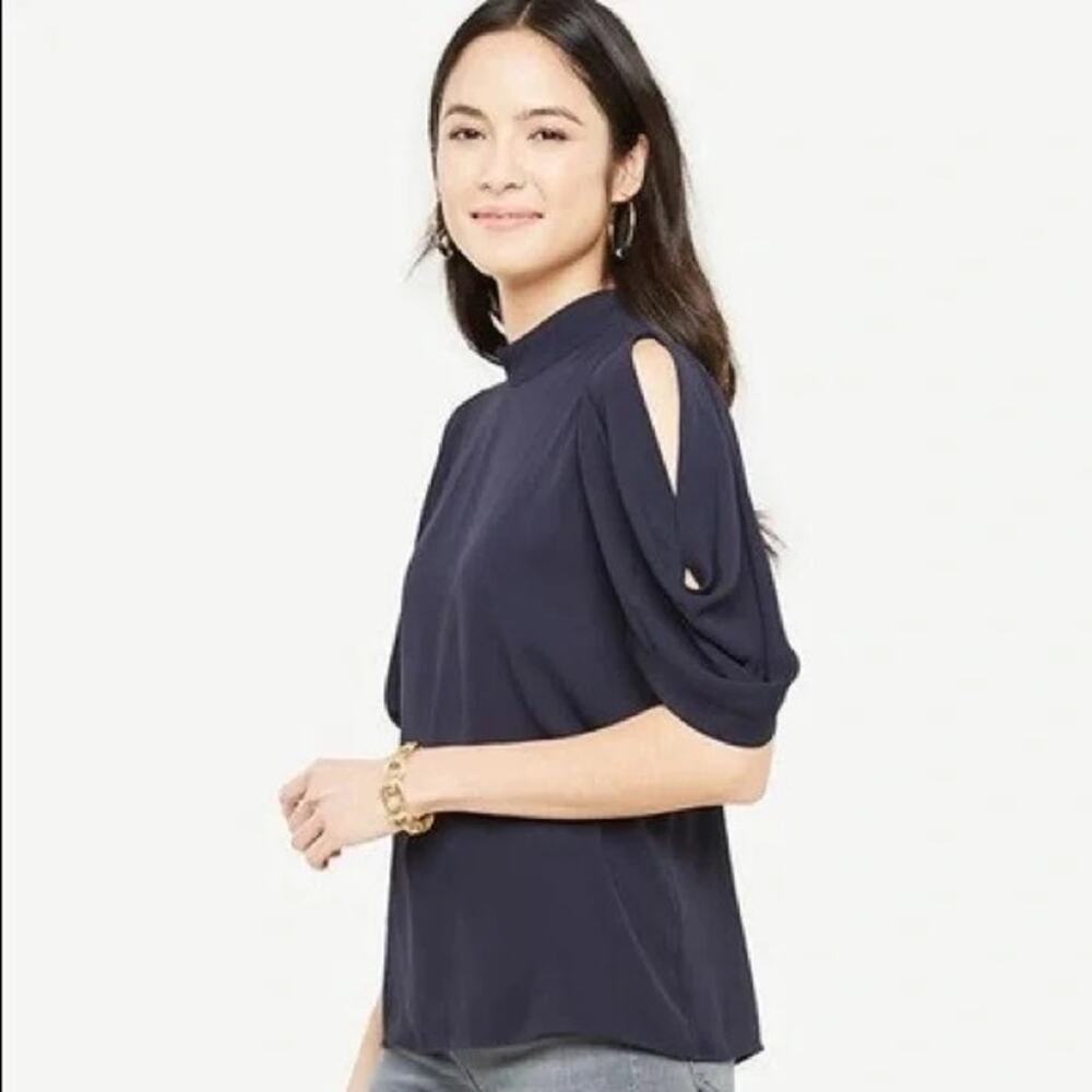 Ann Taylor Cold Shoulder Top S Blouse Navy Blue High Mock Neck Puff Short Sleeve